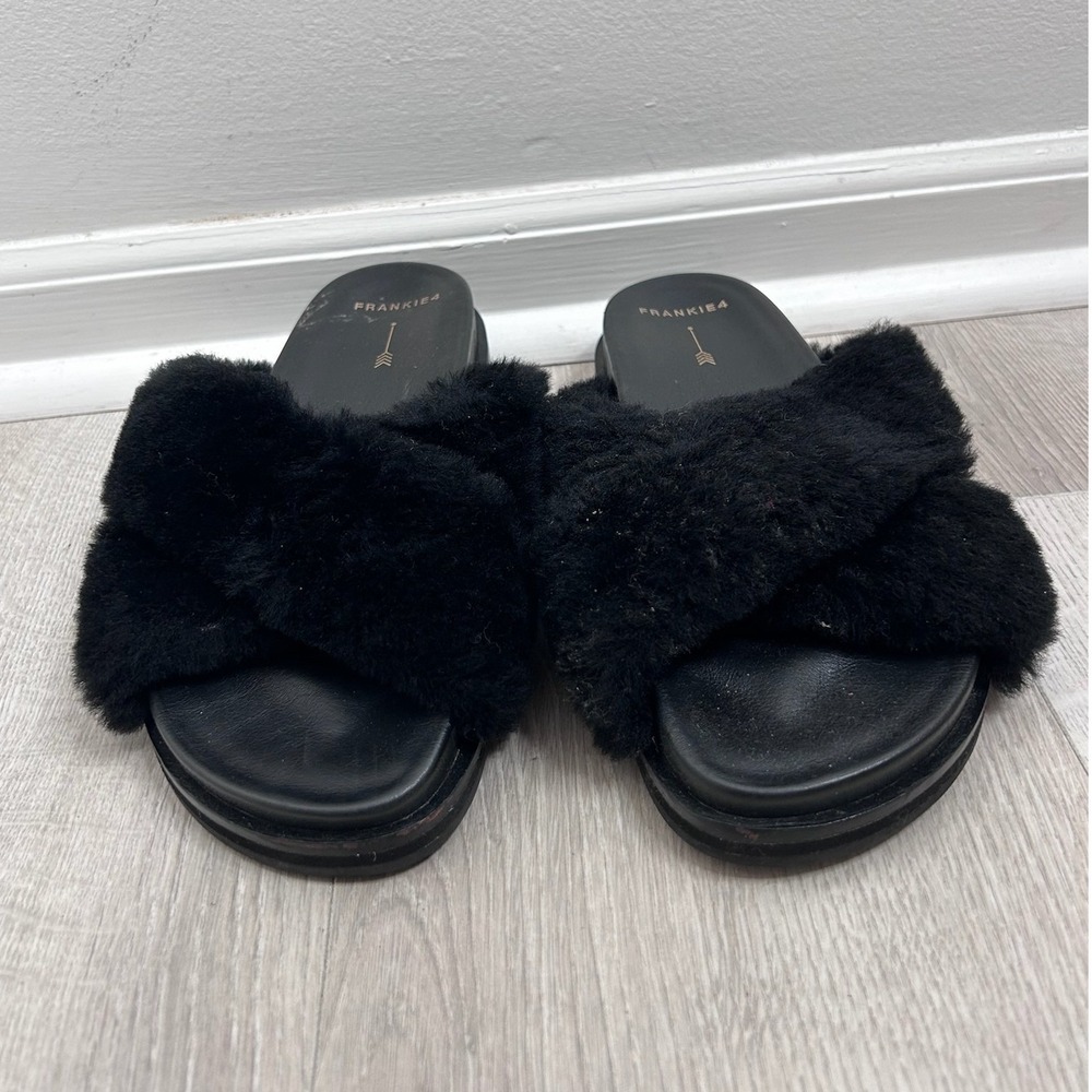 Frankie4 Black Shearling Criss Cross Slide Sandals Sz‎ 7 Comfort Lounge Designer